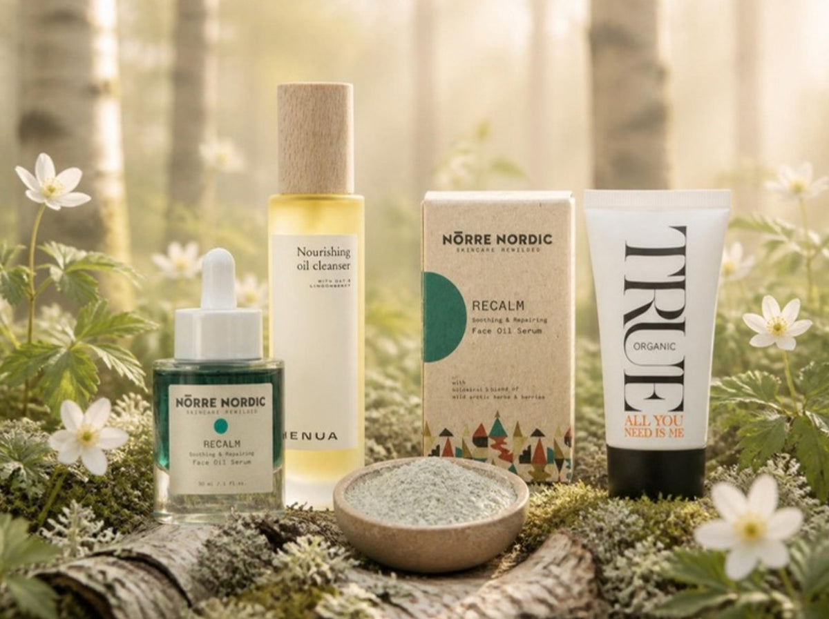 The Sensitive Skin Rescue Bundle - Nordic skincare products in birch forest scene