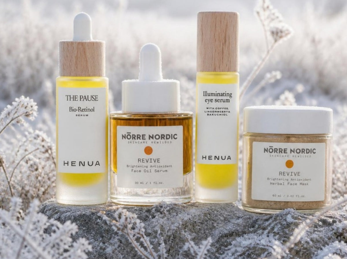 The Age-Defying Edit - four Nordic anti-aging skincare products on frozen meadow