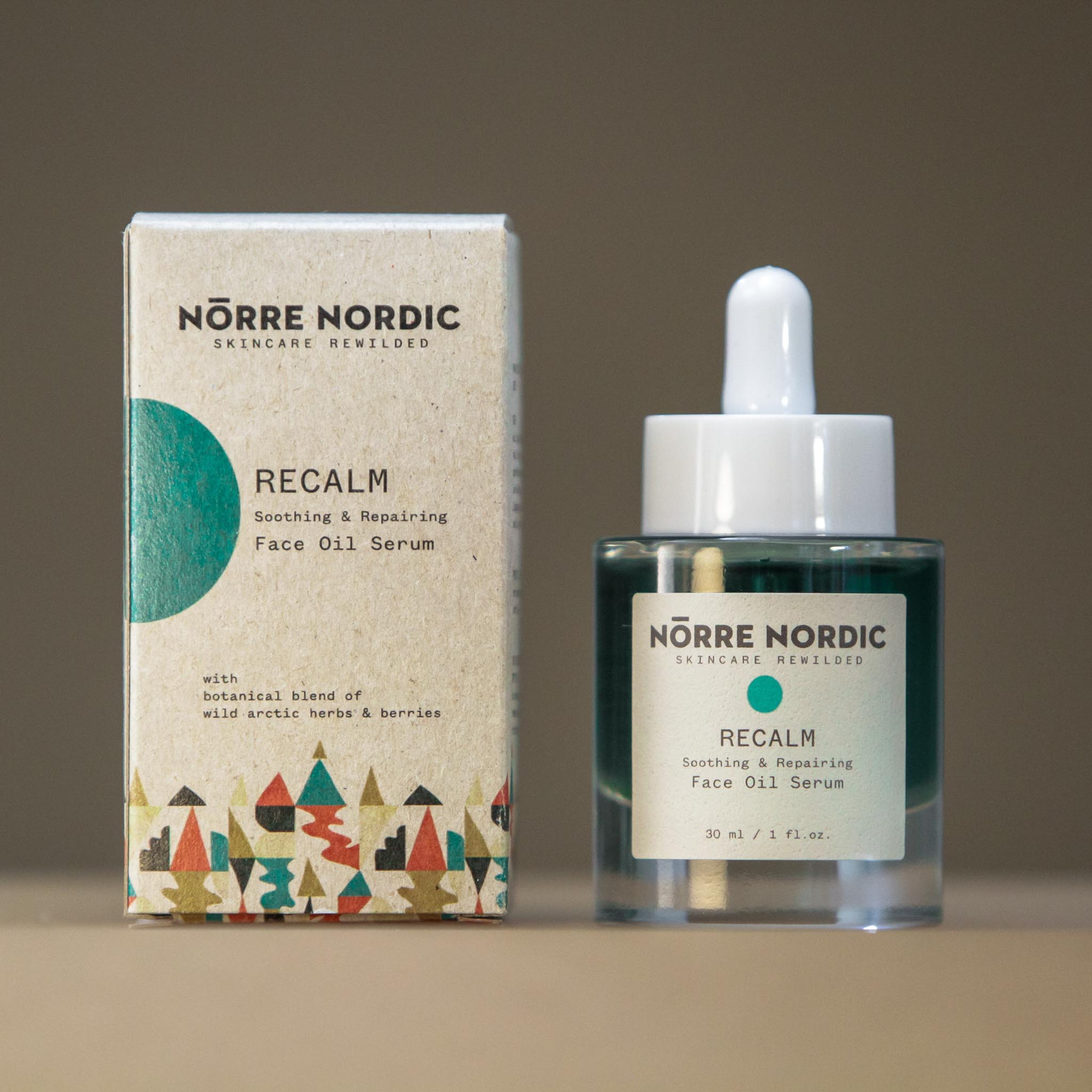 Nörre Nordic RECALM Soothing & Repairing Face Oil Serum bottle and box